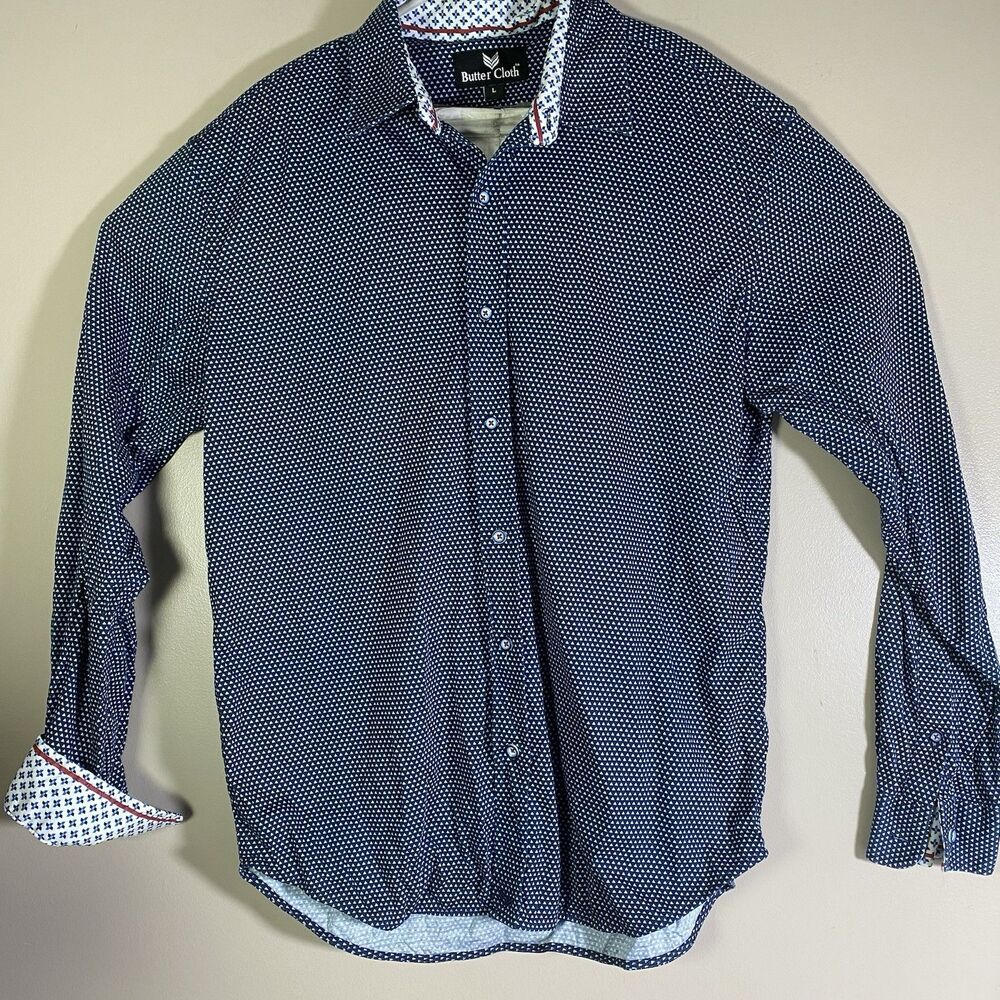 Butter Cloth Performance Cotton Long Sleeve Button Up Men Large Blue Geometric